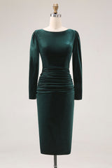 Dark Green Velvet Bodycon Boat Neck Midi Holiday Party Dress