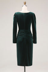 Dark Green Velvet Bodycon Boat Neck Midi Holiday Party Dress