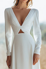 Ivory V-Neck Sheath Floor Length Wedding Dress with Sleeves