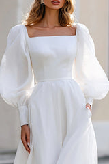 Ivory Square Neck A Line Puff Sleeves Floor Length Wedding Dress