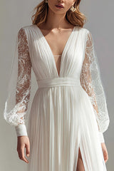 Ivory V-Neck A Line Pleated Sweep Train Wedding Dress with Slit