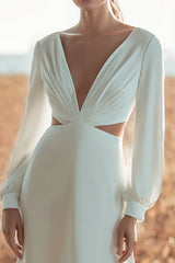 Ivory V-Neck Cut Out Long Sleeves Sheath Sweep Train Wedding Dress