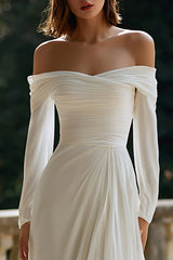 Ivory Off the Shoulder Sheath Sweep Train Wedding Dress with Sleeves