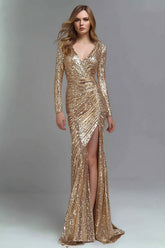 Sparkly Gold Sequin V-Neck Mermaid Long Formal Dress with Slit