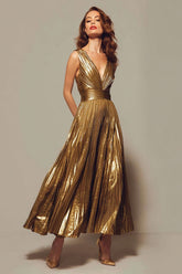 Sparkly Gold Metallic Pleated V-Neck A-Line Long Formal Dress