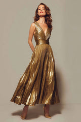Sparkly Gold Metallic Pleated V-Neck A-Line Long Formal Dress