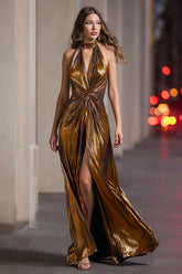 Sparkly Black Gold Halter Metallic Sheath Long Formal Dress with Slit