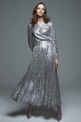 Sparkly Silver Sequin Long Formal Dress with Sleeves