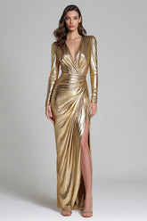 Sparkly Gold Metallic V-Neck Ruched Long Formal Dress with Slit