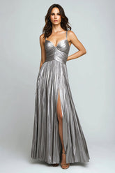 Silver Metallic Pleated Spaghetti Straps Long Formal Dress with Slit