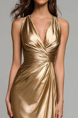 Sparkly Gold Metallic Ruched V-Neck Mermaid Long Formal Dress