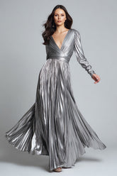 Sparkly Silver Metallic Pleated A-Line Long Formal Dress with Sleeves