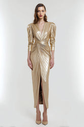 Light Gold V-Neck Metallic Sheath Long Formal Dress with Sleeves