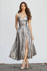 Sparkly Silver A-Line Metallic Pleated Long Formal Dress