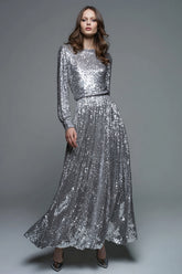 Sparkly Silver A-Line Sequin Long Formal Dress with Sleeves