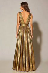 Sparkly Gold Metallic Pleated A-Line V-Neck Long Formal Dress