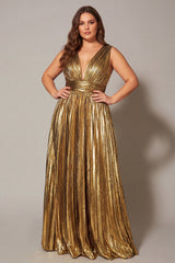 Sparkly Gold Metallic Pleated A-Line V-Neck Long Formal Dress