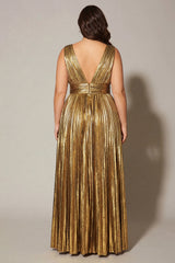 Sparkly Gold Metallic Pleated A-Line V-Neck Long Formal Dress