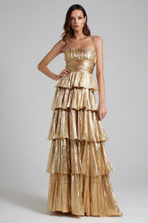 Sparkly Gold Metallic Pleated A-Line Ruffled Long Formal Dress