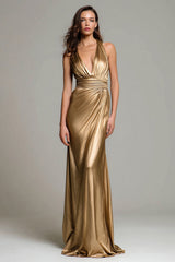 Sparkly Gold Metallic Deep V-Neck Ruched Long Formal Dress