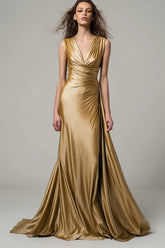 Sparkly Gold V-Neck Metallic Ruched Mermaid Long Formal Dress