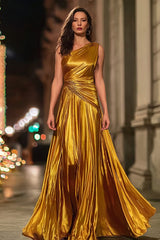 Sparkly Gold Metallic Ruched One Shoulder Long Formal Dress