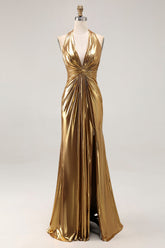 Sparkly Gold Metallic Halter Neck Backless Long Formal Dress with Slit