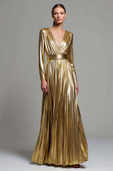 Sparkly Gold Metallic A-Line Pleated V-Neck Long Sleeves Long Formal Dress