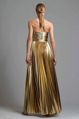 Sparkly Gold Metallic Pleated Sweetheart A-Line Long Formal Dress