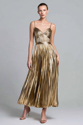 Sparkly Gold Spaghetti Straps Metallic Pleated A-Line Long Formal Dress