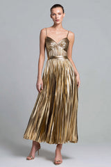Sparkly Gold Spaghetti Straps Metallic Pleated A-Line Long Formal Dress