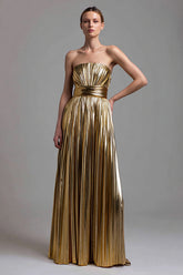 Sparkly Gold A-Line Metallic Pleated Strapless Long Formal Dress