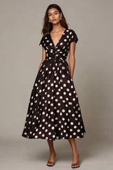 Dark Brown White V-Neck Satin A Line Short Sleeves Polka Dots Dress