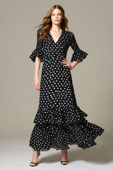 Black and White Chiffon A Line Half Sleeves Maxi Polka Dots Dress with Ruffles
