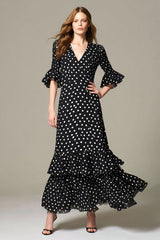 Black and White Chiffon A Line Half Sleeves Maxi Polka Dots Dress with Ruffles