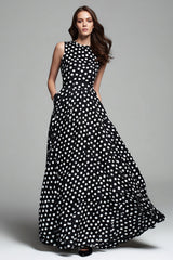 Black and White Chiffon A Line Round Neck Maxi Polka Dots Dress
