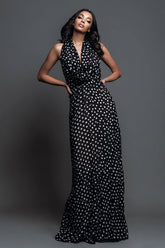 Black and White Chiffon Cowl Neck Sheath Maxi Polka Dots Dress