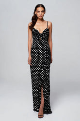Black and White Spaghetti Straps Chiffon Maxi Polka Dots Dress with Slit