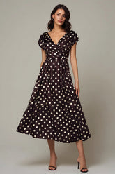 Dark Brown V-Neck Satin A-Line Tea Length Polka Dots Dress