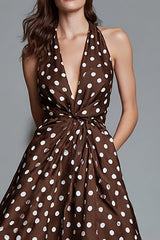 Brown Halter A-Line Tea Length Polka Dots Dress
