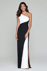 Black and White One Shoulder Patchwork Long Formal Dress with Slit