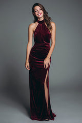 Burgundy Halter Mermaid Velvet Ruched Long Holiday Party Dress with Slit