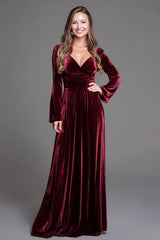 Burgundy Velvet V-Neck A-Line Long Sleeves Holiday Party Dress