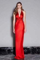 Red Halter Satin Mermaid Long Formal Dress with 3D Flower