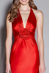 Red Halter Satin Mermaid Long Formal Dress with 3D Flower