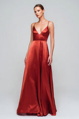 Red Spaghetti Straps Satin A-Line Long Formal Dress