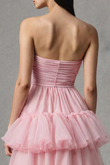 Pink Strapless A-Line Tulle Ruffled Long Pageant Dress