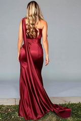 Burgundy One Shoulder Satin Mermaid Formal Dress with Side Cape