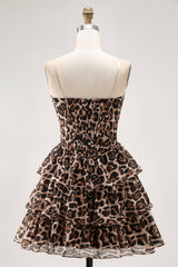 Brown Leopard Corset Sweetheart Short Tiered Homecoming Dress