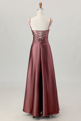 Coffee Satin A Line Corset Lace Up Back Long Bridesmaid Dress